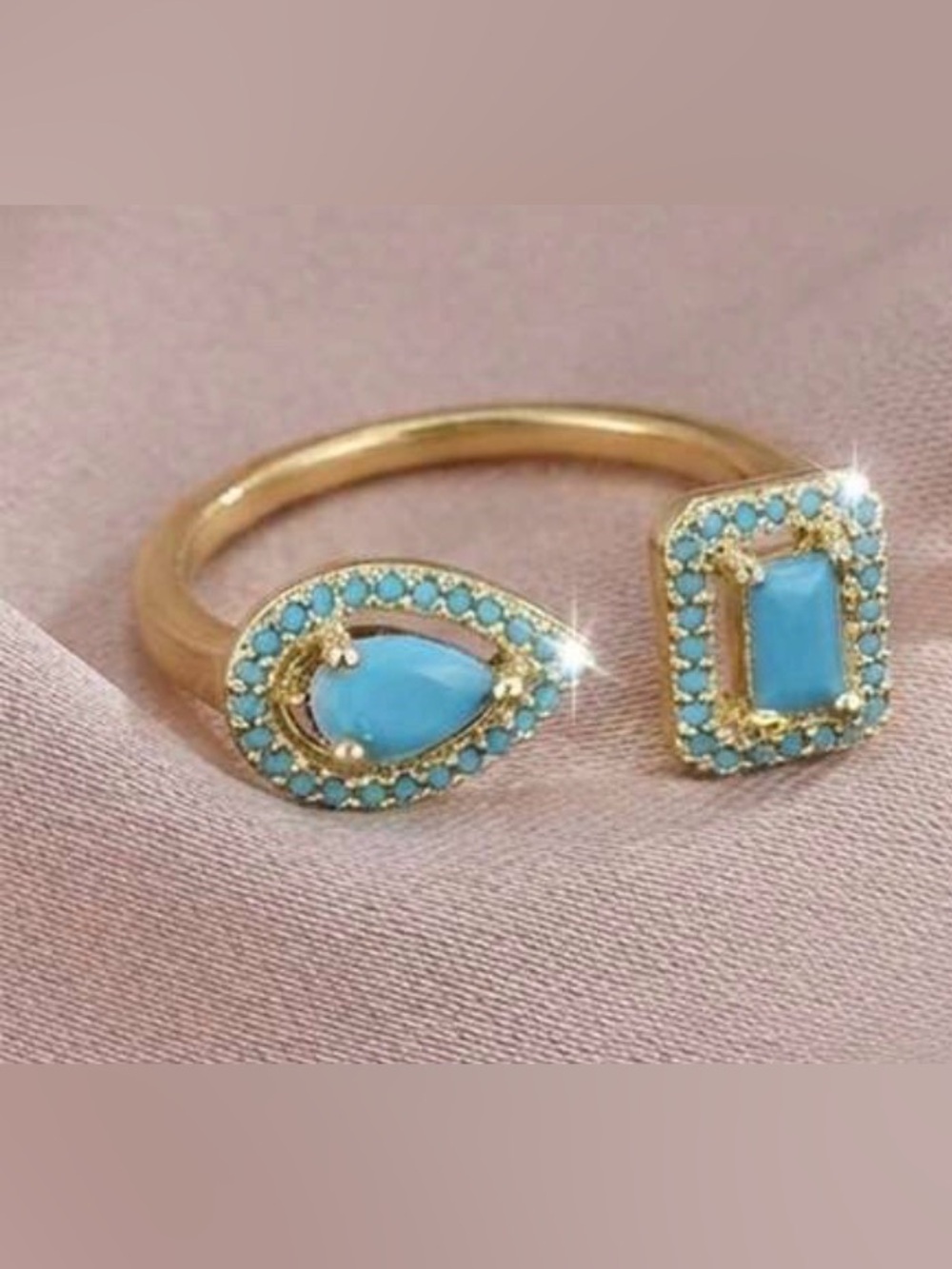 Western Ring Gold Tone Ring with Turquoise Blue Pear and Square Stones